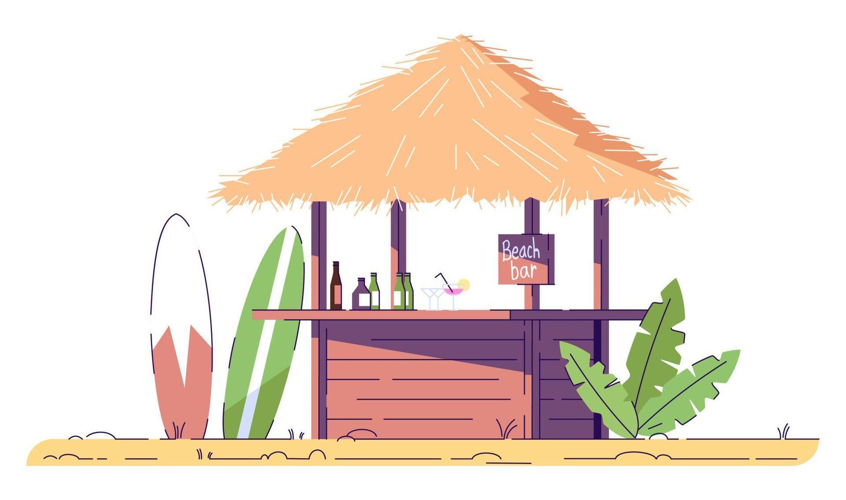 Ilustración de doodle plano de barra de playa vacía y tablas de surf. paisaje costero. café al aire libre en la orilla del mar. país exótico. indonesia turismo personaje de dibujos animados 2d con contorno para uso comercial vector