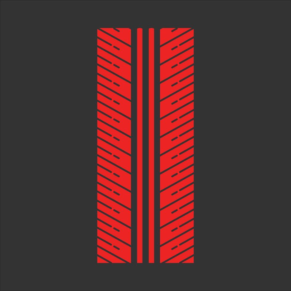 Tire tread red RGB color icon. Detailed automobile, motorcycle tyre marks. Directional car wheel trace with thin grooves. Vehicle tire trail. Isolated vector illustration on black background
