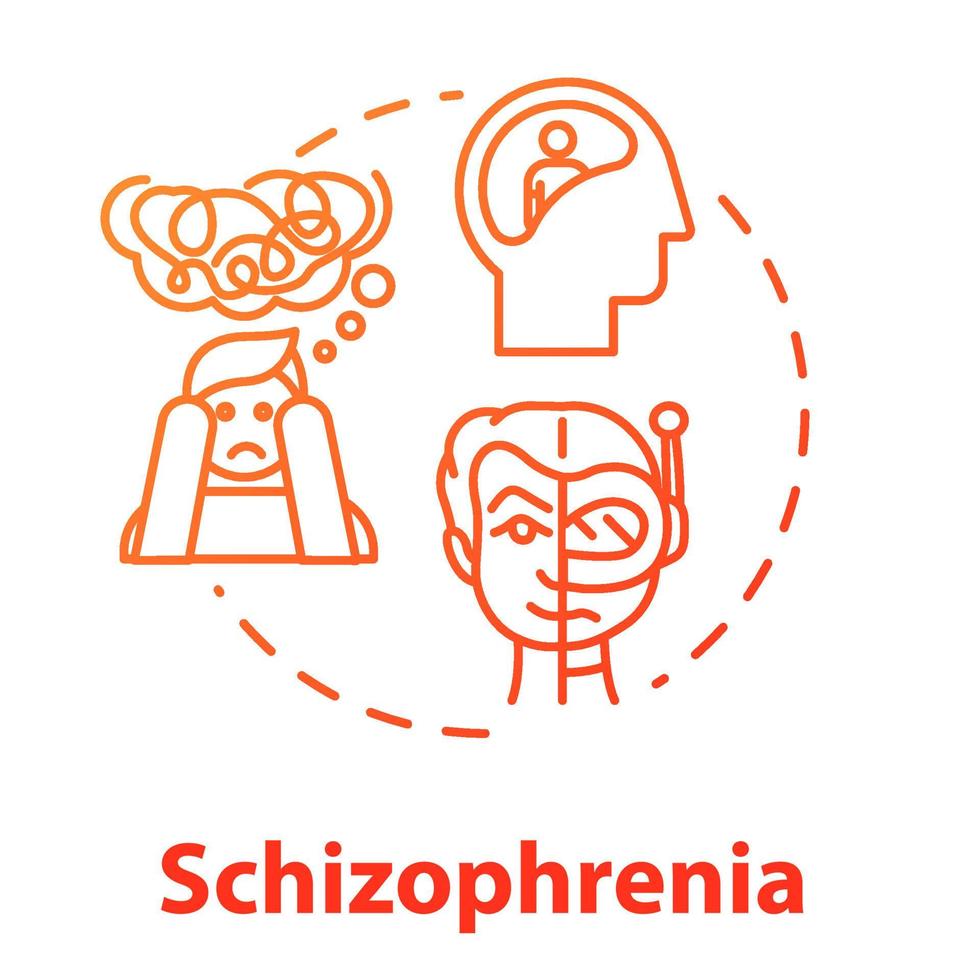 Schizophrenia concept icon. Psychosis with hallucinations. Insanity. Schizophrenic disorder. Mental illness idea thin line illustration. Vector isolated outline RGB color drawing
