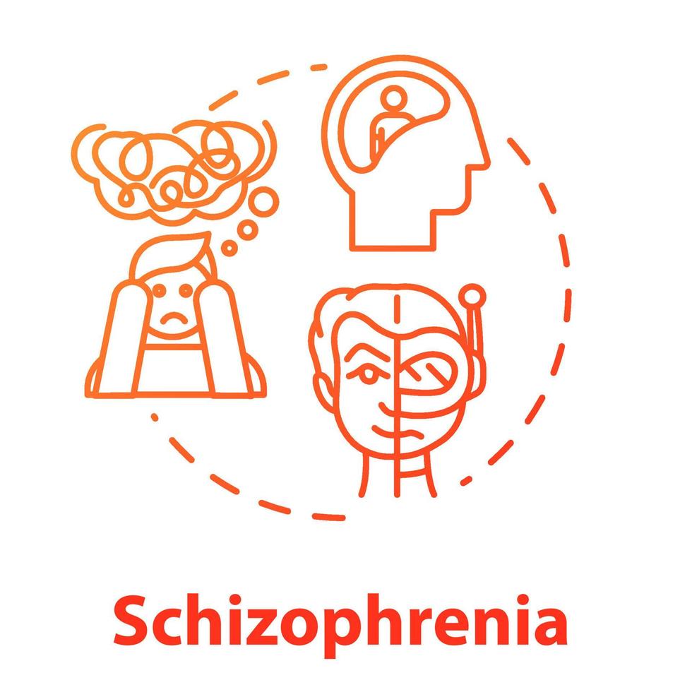 Schizophrenia concept icon. Psychosis with hallucinations. Insanity. Schizophrenic disorder. Mental illness idea thin line illustration. Vector isolated outline RGB color drawing