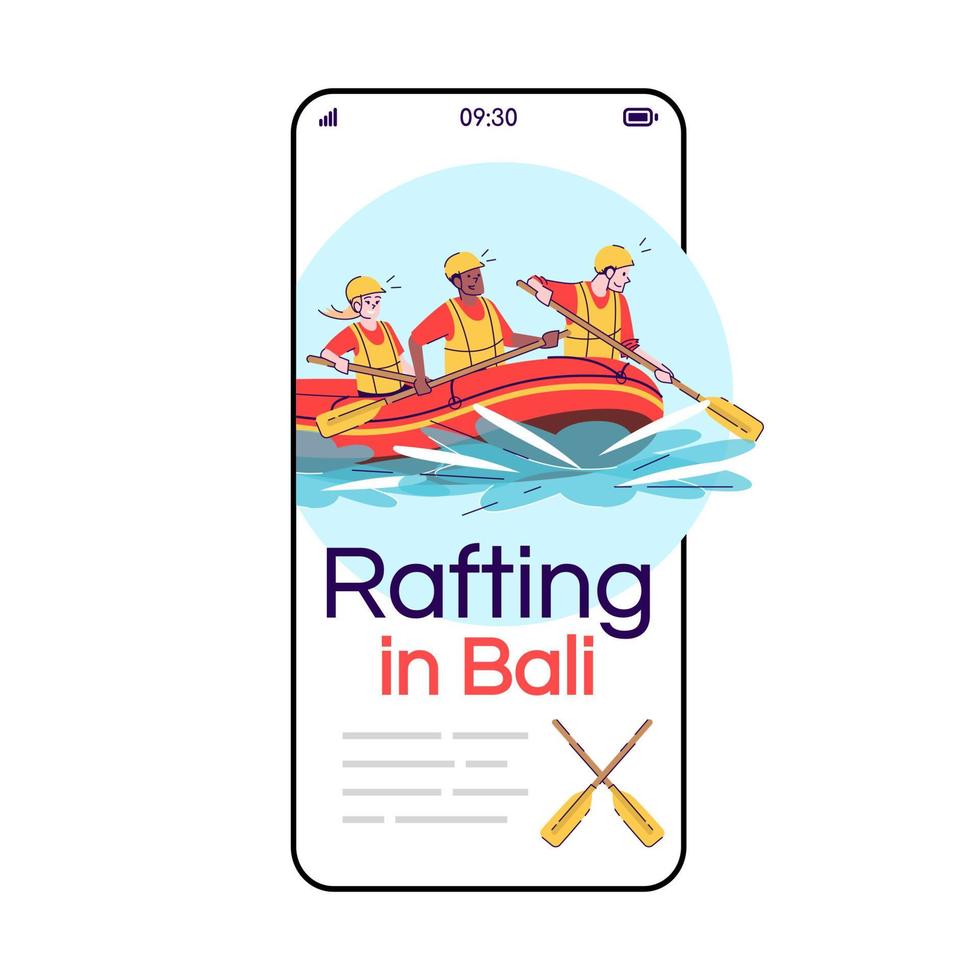 rafting en la pantalla de la aplicación de vector de teléfono inteligente de dibujos animados de bali. gente en balsa. actividad del agua. turismo indonesia. Pantalla de teléfono móvil con maqueta de diseño de personajes planos. aplicación teléfono linda interfaz