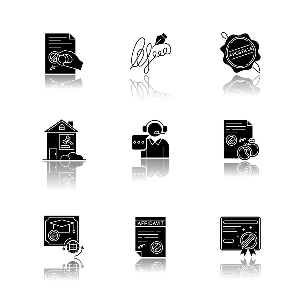 Notary services drop shadow black glyph icons set. Apostille and legalization. Certificate. License. Litigation. Affidavit. Diploma. Signature. Call center. Isolated vector illustration on white space