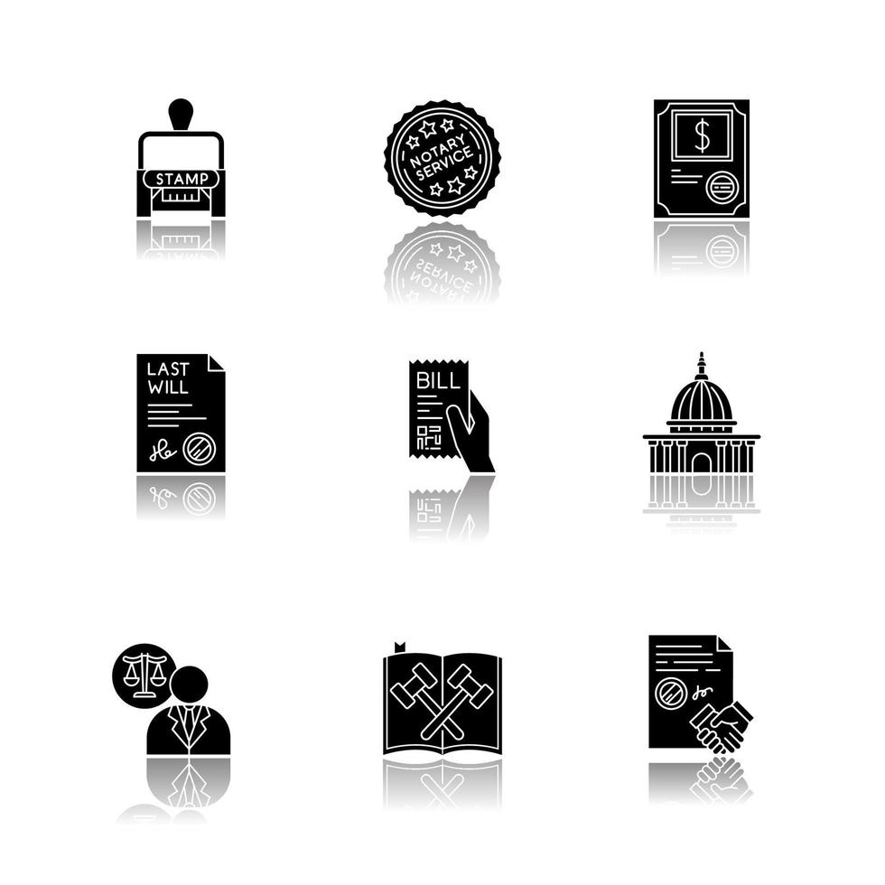 Notary services drop shadow black glyph icons set. Apostille and legalization. Stock certificate. Bill. Supreme court. Legal code. Last will. Lawyer. Isolated vector illustrations on white space