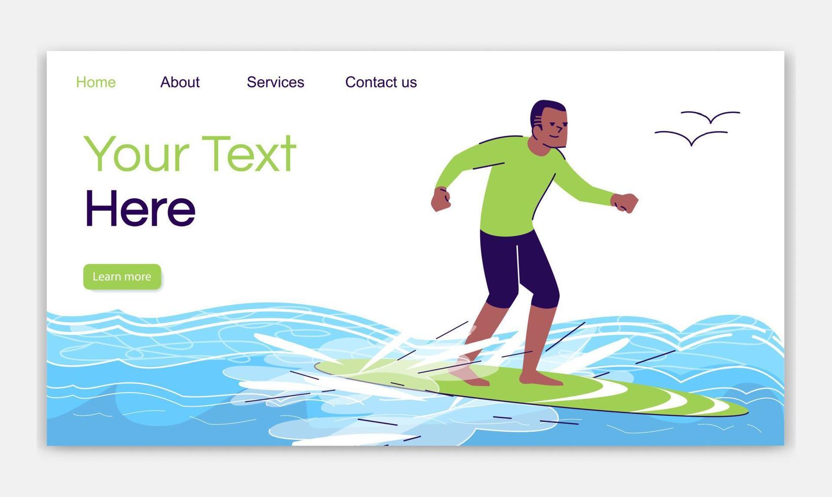 Surfing man landing page vector template. Extreme water activity. Active pastime. Indonesia tourism website interface idea with flat illustrations. Homepage layout. Web banner, webpage cartoon concept