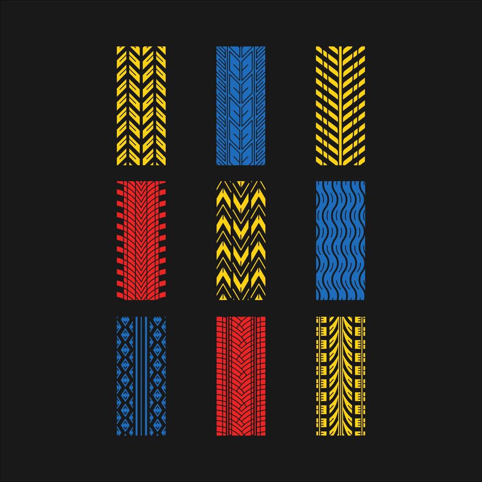 Tire traces RGB color icons set. Detailed automobile, motorcycle, bike tyre marks. Car summer and winter wheel trace. Vehicle tire trail. Isolated vector illustrations on black background