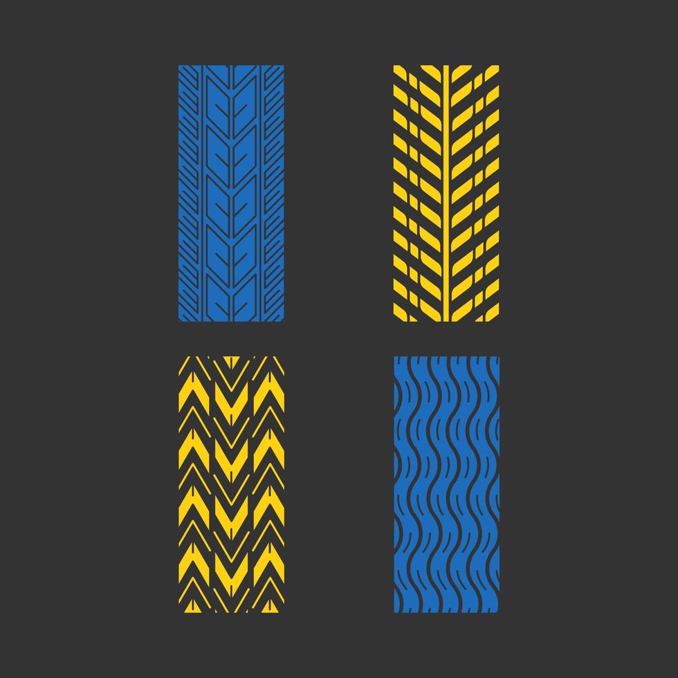 Track patterns RGB color icons set. Detailed automobile, motorcycle, bike tyre marks. Car summer and winter wheel trace. Vehicle tire trail. Isolated vector illustrations on black background