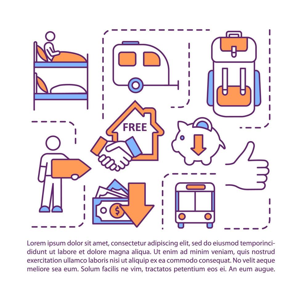 icono de concepto de turismo de presupuesto con texto. intercambio de hospitalidad. dormir en el bus. transporte público. plantilla de vector de página ppt. folleto, revista, elemento de diseño de folleto con ilustraciones lineales