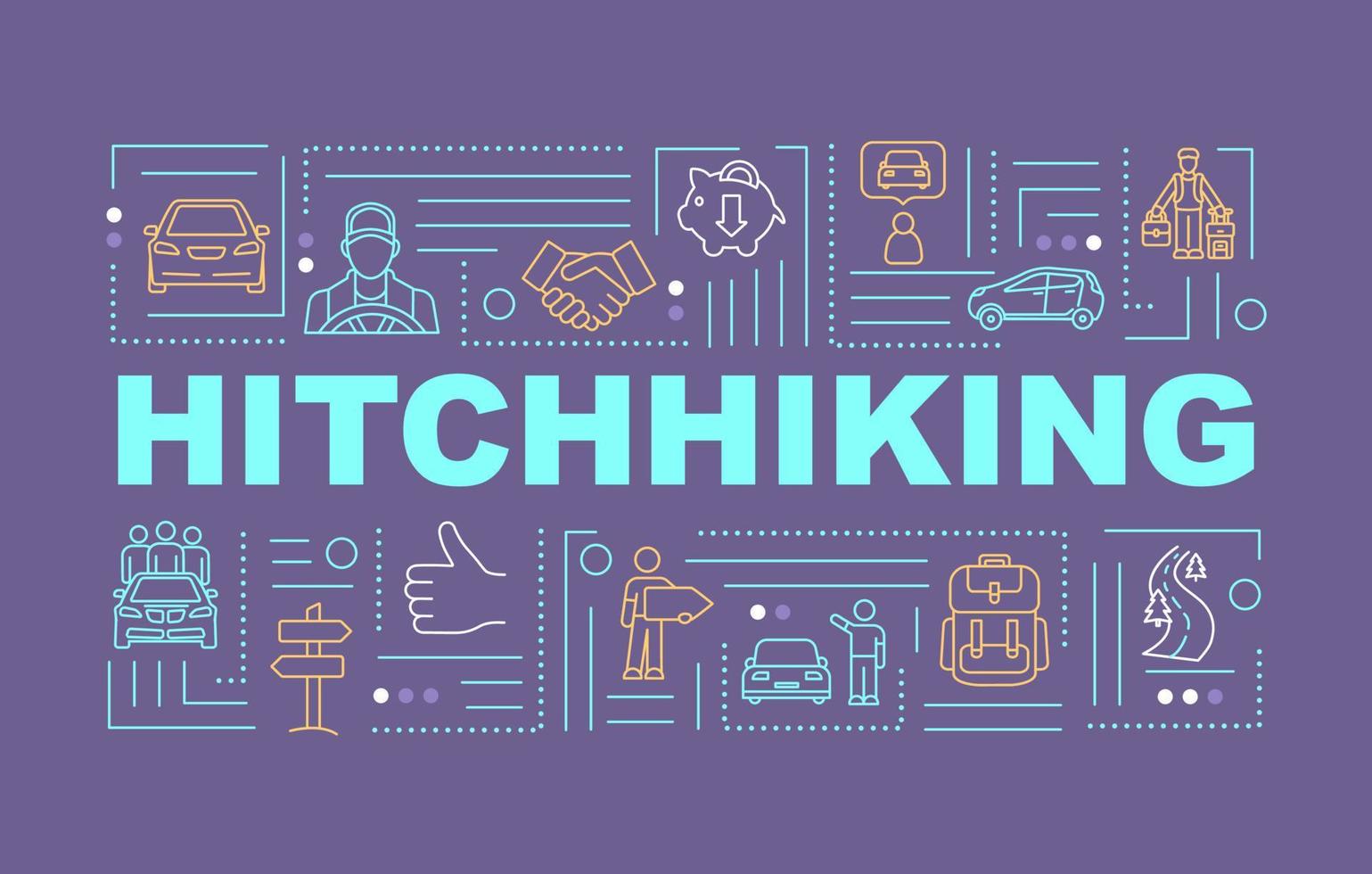 Hitchhiking word concepts banner. Budget travel. Auto stop. Money saving. Infographics with linear icons on eggplant background. Isolated typography. Vector outline RGB color illustration