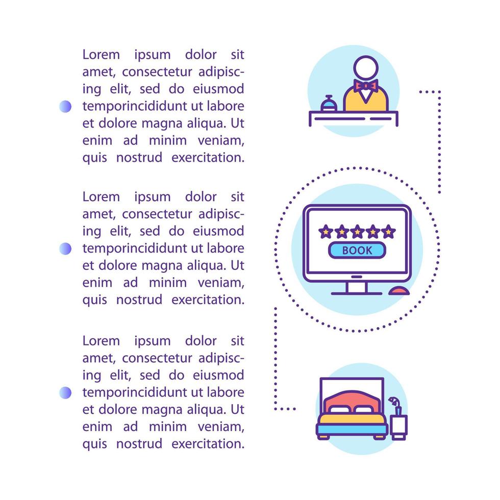 Hotel booking services concept icon with text. Advance reservation. Budget tourism. Stay in hostel. PPT page vector template. Brochure, magazine, booklet design element with linear illustrations