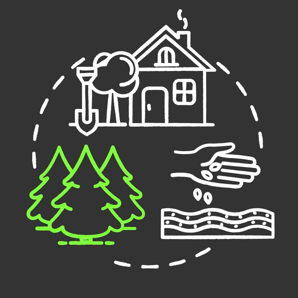 Landscape planning chalk RGB color concept icon. Agriculture and architecture. House and forest. Outdoor landmark. Land use idea. Vector isolated chalkboard illustration on black background