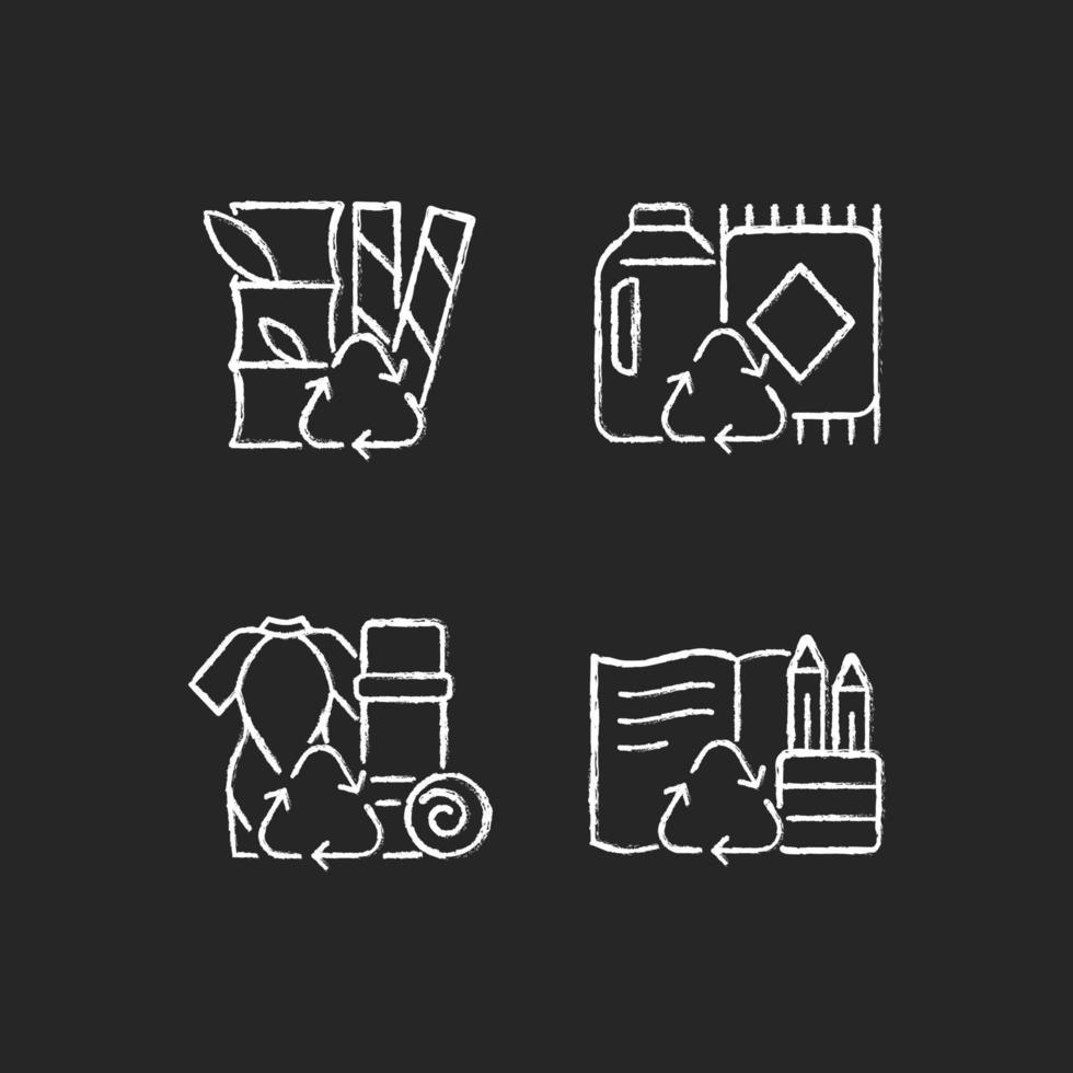 Reduce environmental pollution chalk white icons set on dark background. Compostable straws. Ethical flooring option. Repurposing surfing suits. Isolated vector chalkboard illustrations on black