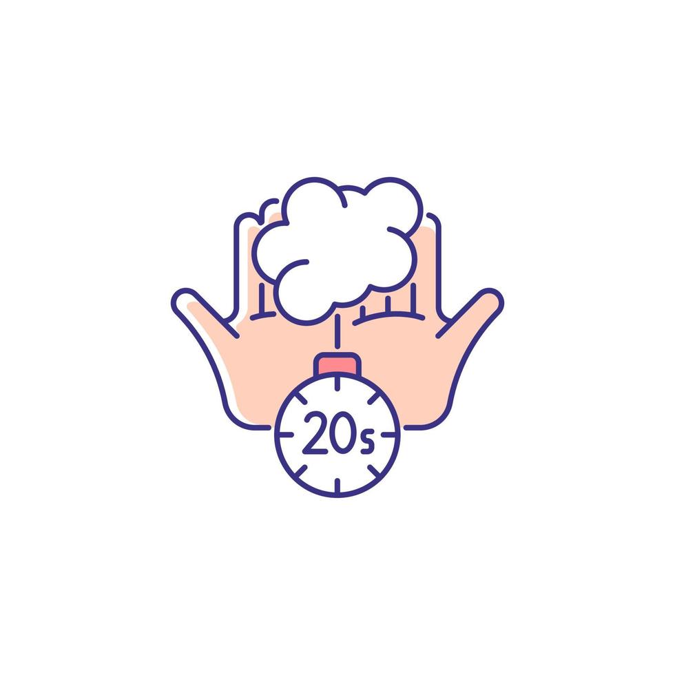 Scrub hands for twenty seconds RGB color icon. Clearing out germs. Rubbing hands under warm running water. Soap molecules destroying viruses. Isolated vector illustration. Simple filled line drawing