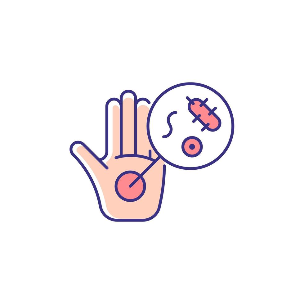 Dirty hands RGB color icon. Germs on unwashed hands. Spreading infectious diseases through handshake. Contaminated palms. Catch infection risk. Isolated vector illustration. Simple filled line drawing