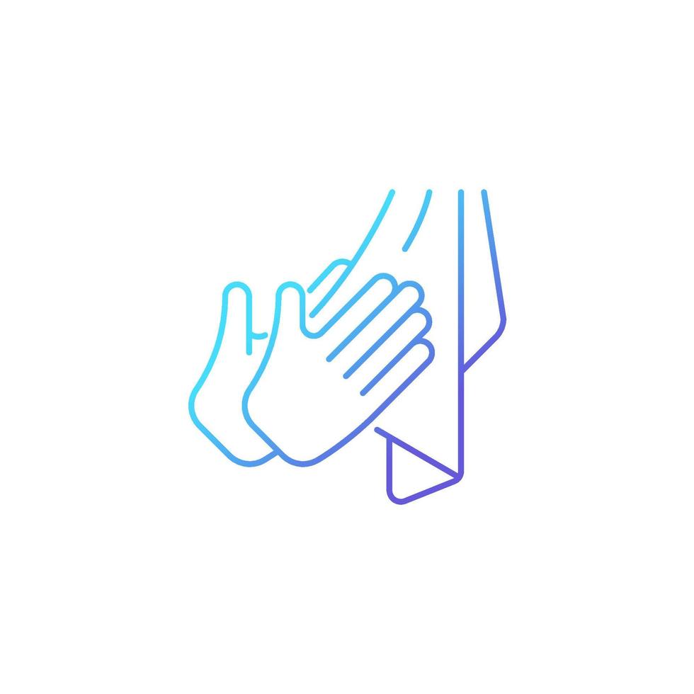 Dry hands with towel gradient linear vector icon. Effective bacteria removing. Using paper and textile towels. Thin line color symbol. Modern style pictogram. Vector isolated outline drawing