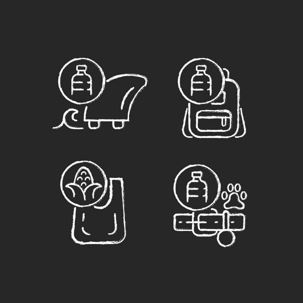 Products from recycled plastics chalk white icons set on dark background. Eco-friendly surfer. Sustainable backpack, dog collar. Ethical production. Isolated vector chalkboard illustrations on black