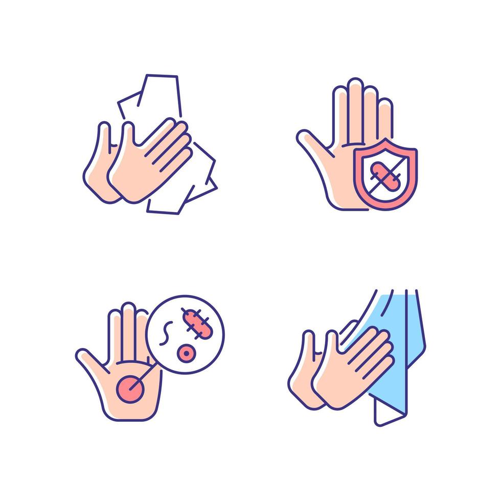 Infection prevention RGB color icons set. Wiping off dirt and germs. Dry hands with towel. Microbes protection. Unwashed hands. Isolated vector illustrations. Simple filled line drawings collection