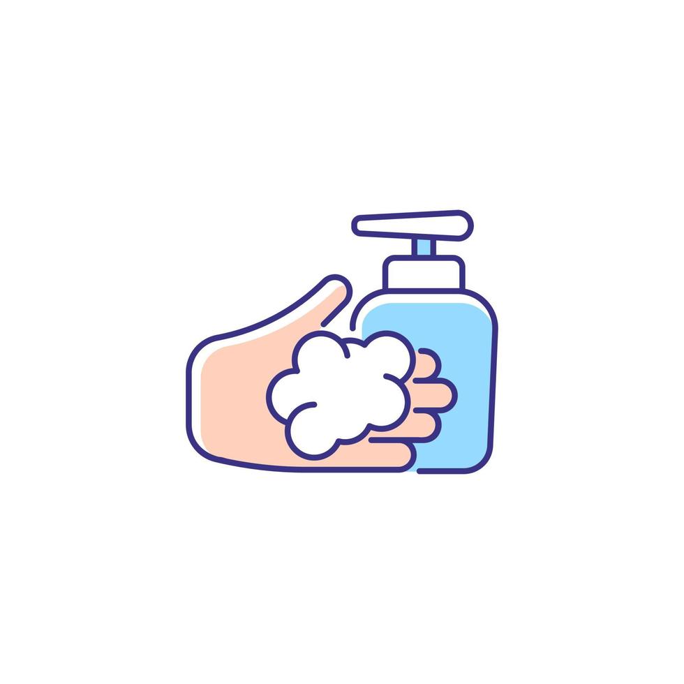 Washing with liquid soap RGB color icon. Minimizing germs transfer risk. Keeping hands smooth and moisturized. Antimicrobial skin cleanser. Isolated vector illustration. Simple filled line drawing