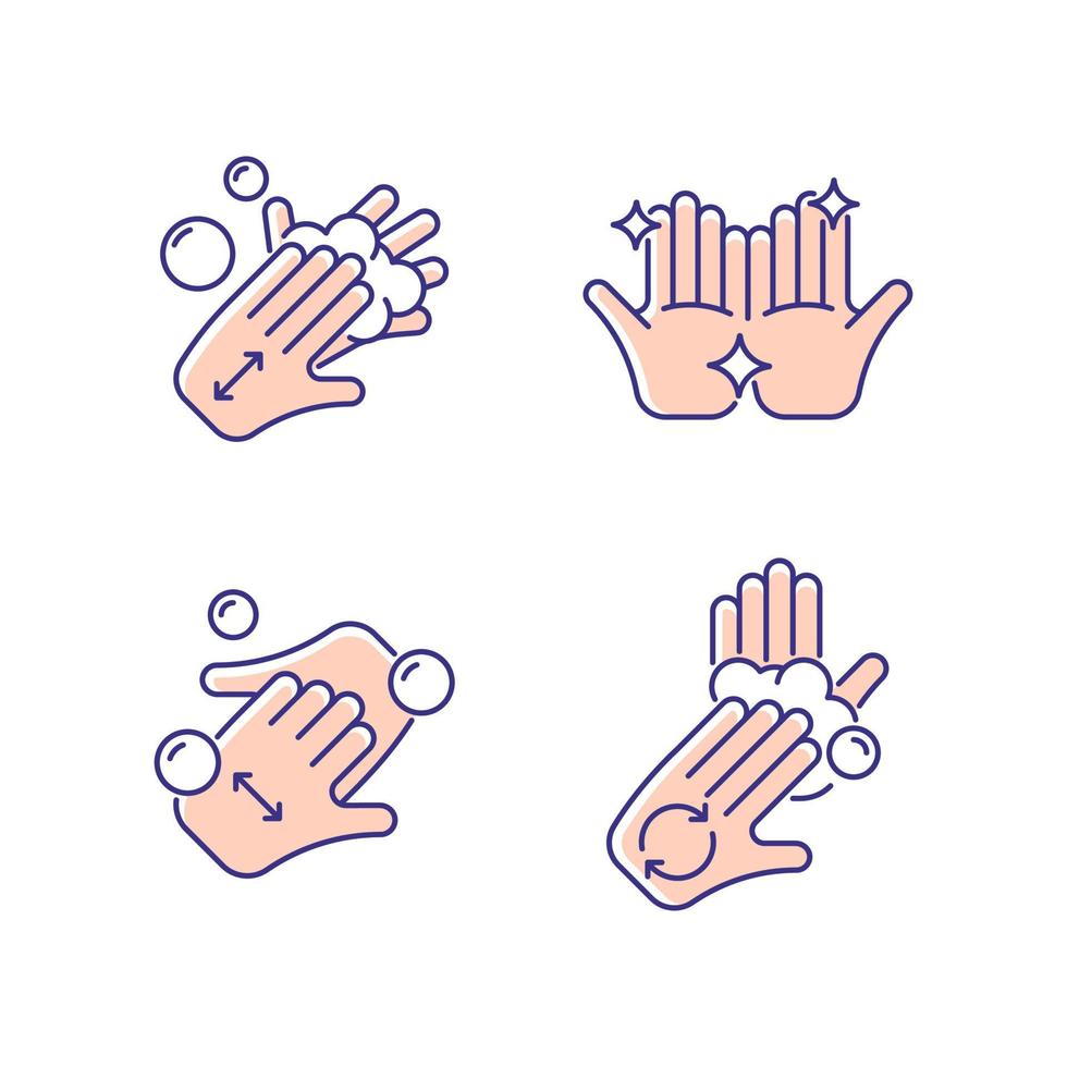 Conjunto de iconos de color rgb de instrucción de lavado de manos. frotándose las manos con jabón. dedos de copa. frote las palmas de las manos con los dedos. manos limpias. ilustraciones vectoriales aisladas. colección de dibujos de líneas rellenas simples vector