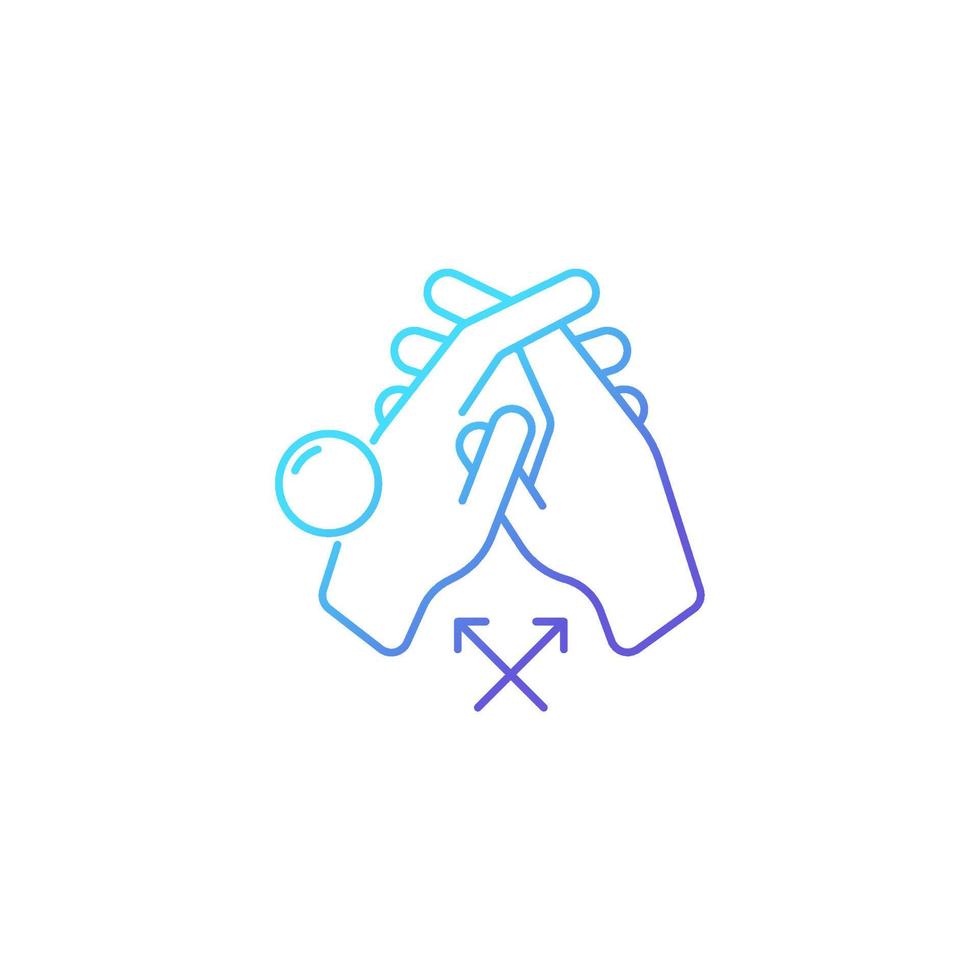 Interlink fingers gradient linear vector icon. Removing dirt between fingers. Hand hygiene. Cleaning under fingernails. Thin line color symbol. Modern style pictogram. Vector isolated outline drawing