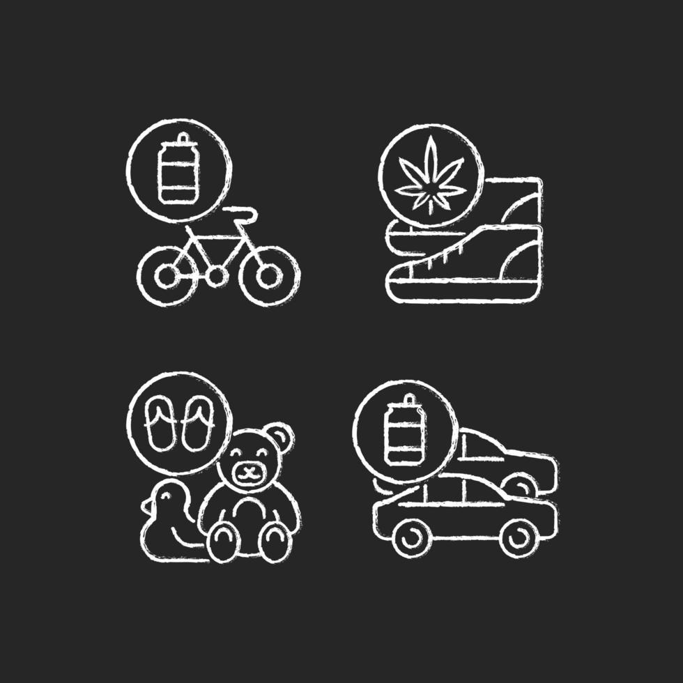 Recycling business chalk white icons set on dark background. Eco friendly bike. Sustainable shoes. Toys from flip flops. Vehicles from aluminum cans. Isolated vector chalkboard illustrations on black