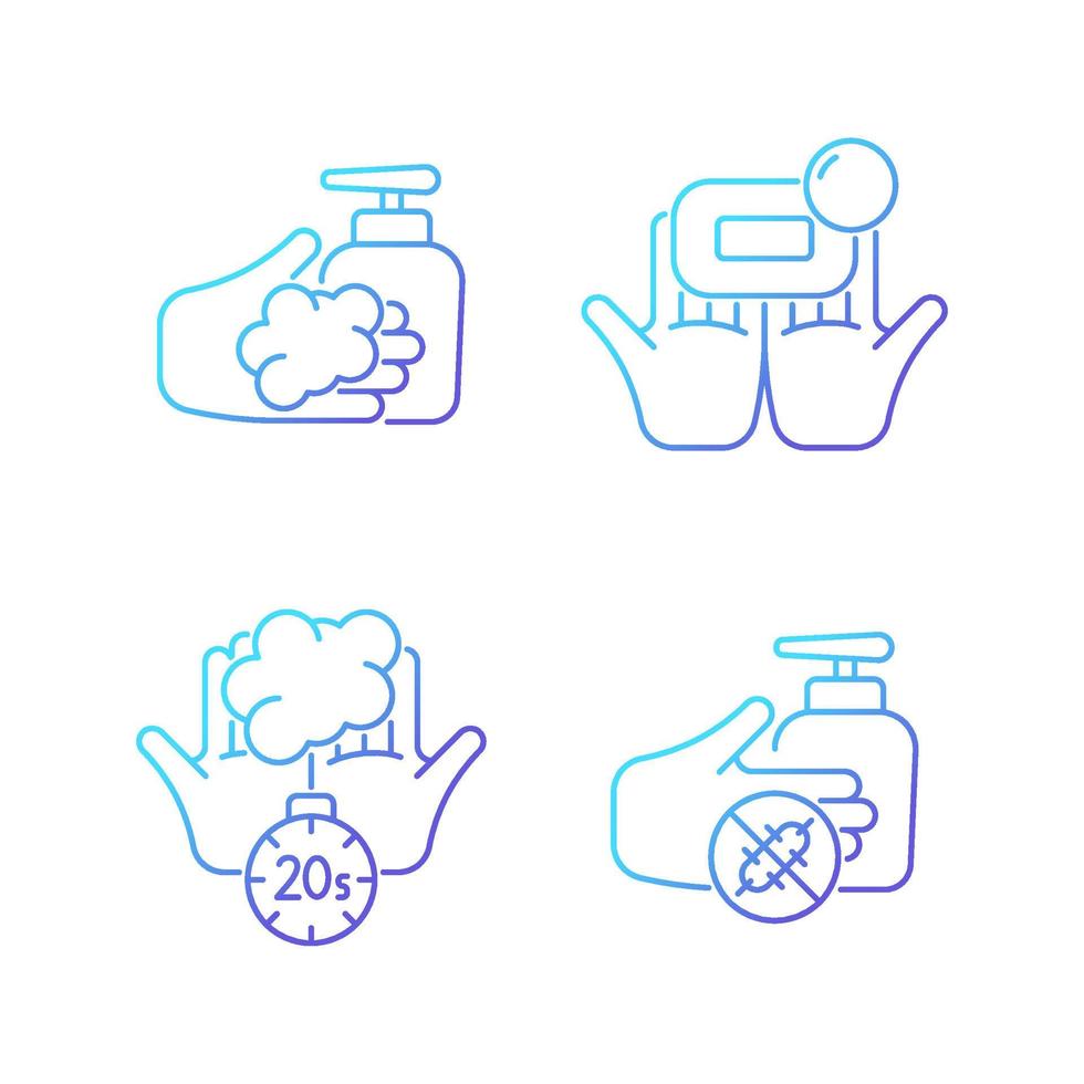 Hand hygiene gradient linear vector icons set. Wash with brick soap. Antimicrobial skin cleanser. Scrub hands duration. Thin line contour symbols bundle. Isolated outline illustrations collection