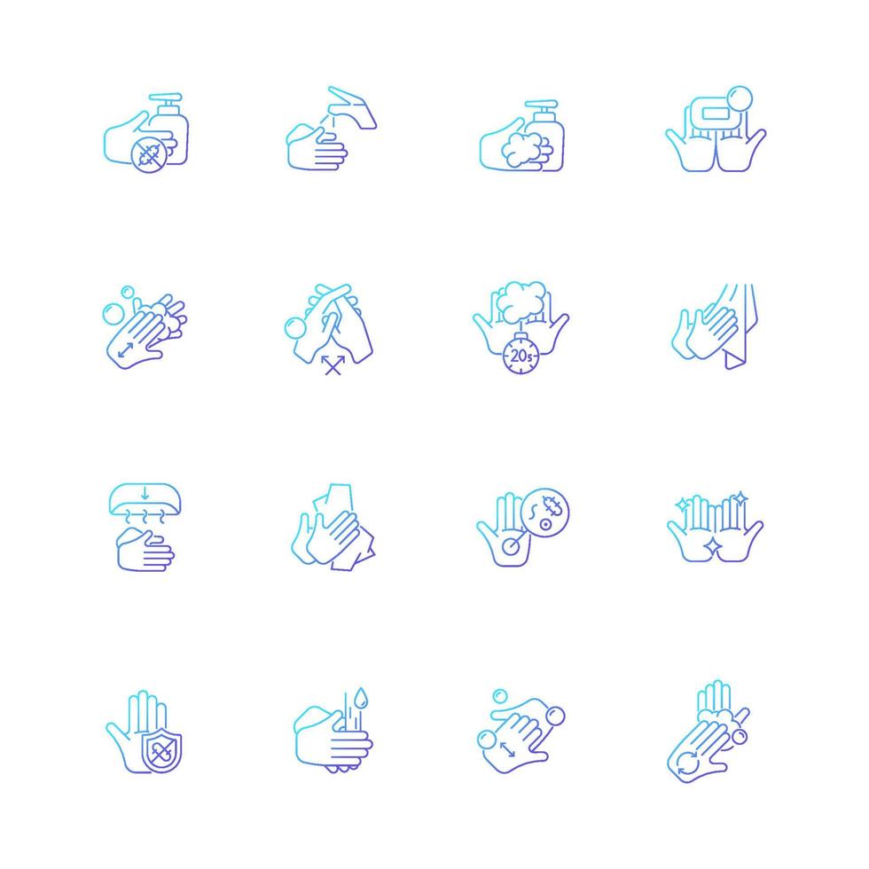 Keeping hands clean gradient linear vector icons set. Washing with soap and water. Remove pathogenic microorganisms. Thin line contour symbols bundle. Isolated outline illustrations collection