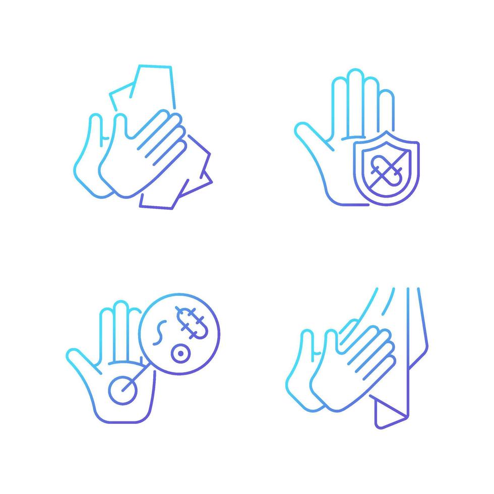 Infection prevention gradient linear vector icons set. Wiping off dirt, germs. Dry hands with towel. Microbes protection. Thin line contour symbols bundle. Isolated outline illustrations collection