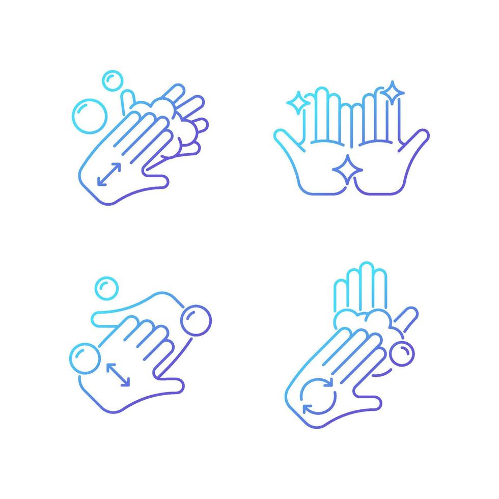 Washing hands instruction gradient linear vector icons set. Rubbing palms together with soap. Cup fingers. Clean hands. Thin line contour symbols bundle. Isolated outline illustrations collection