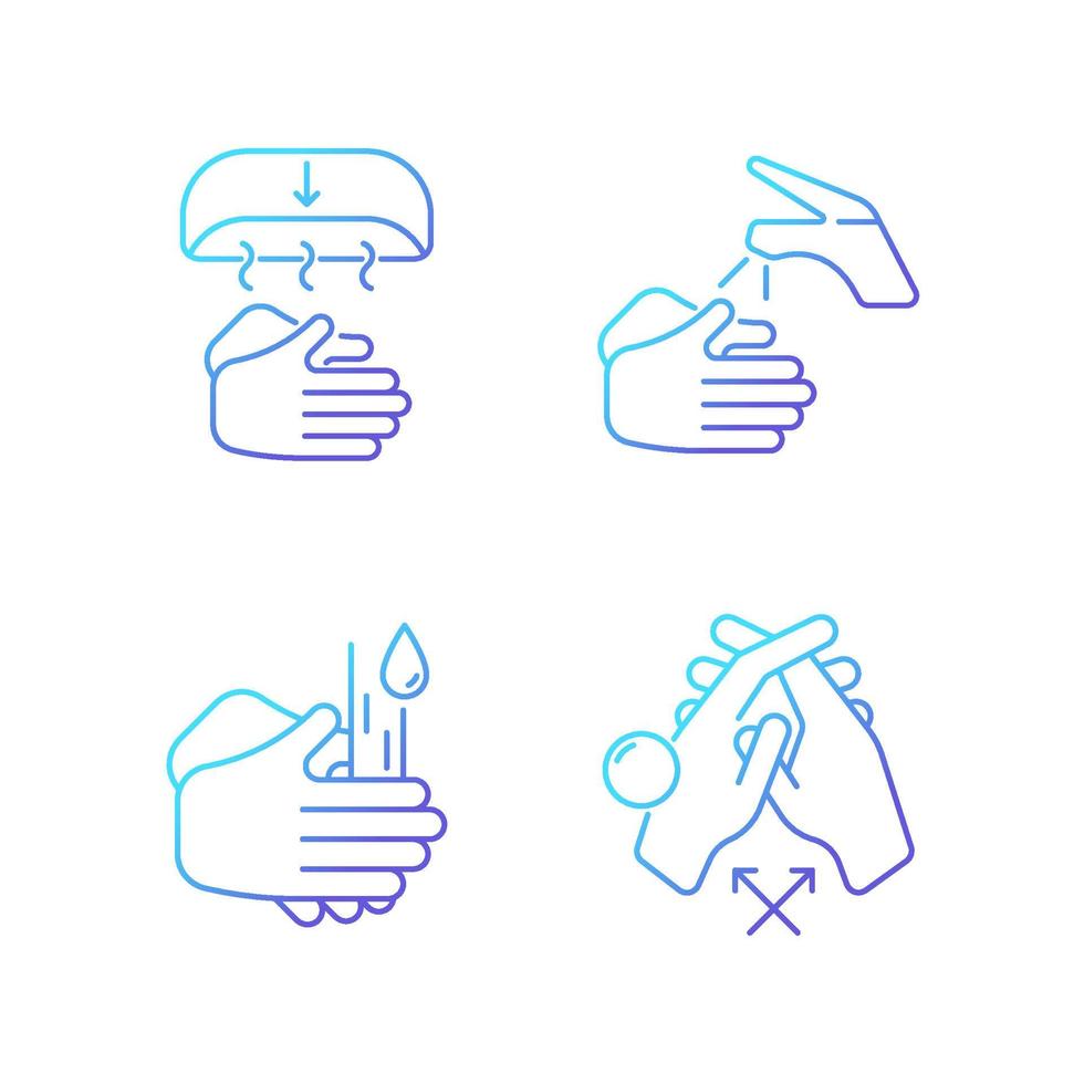 Proper handwashing gradient linear vector icons set. Hand-drying method. Wetting hands with water. Rub palms together. Thin line contour symbols bundle. Isolated outline illustrations collection