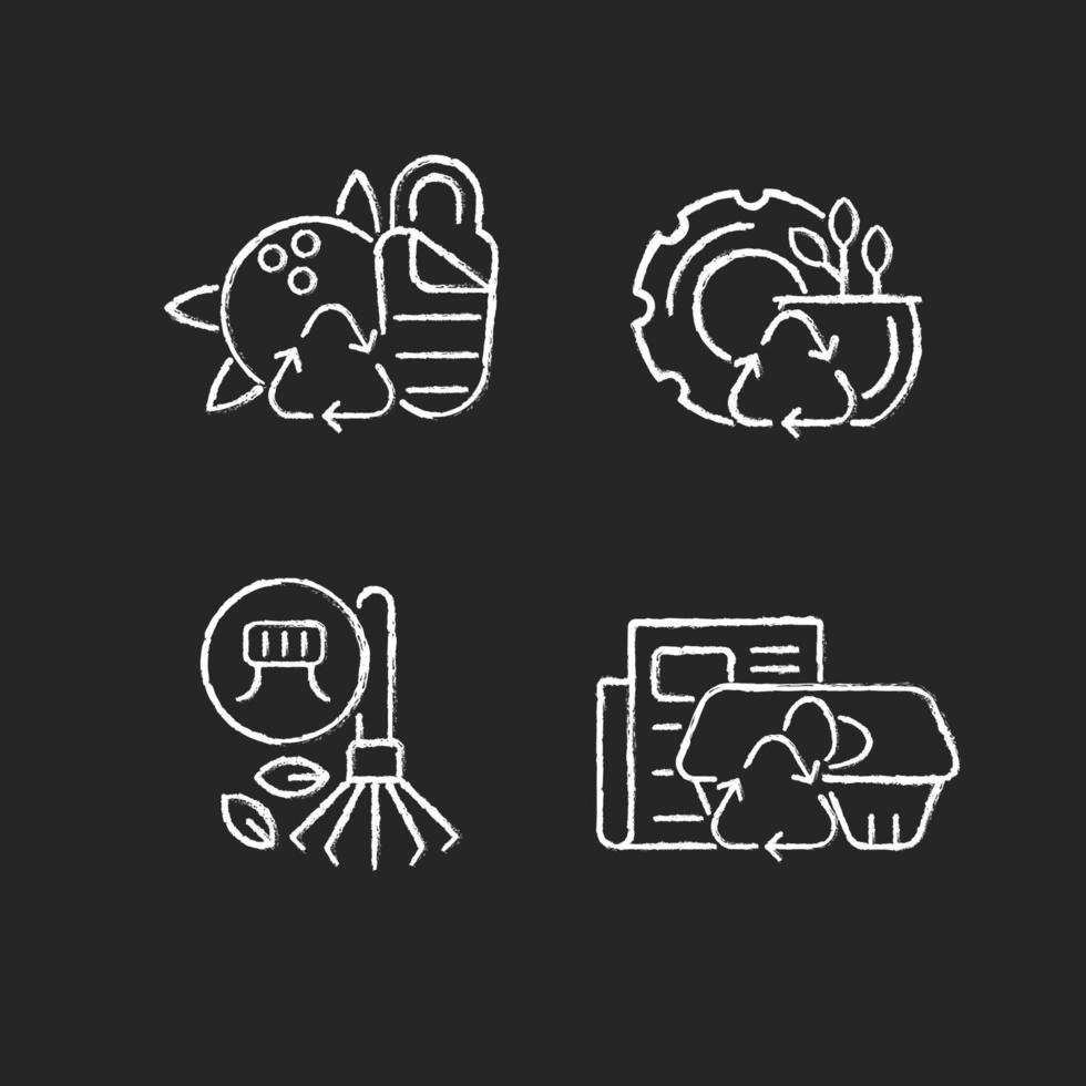 Processing recycled material chalk white icons set on dark background. Sustainable camping gear. Rubber pots. Rakes from bottle caps. Paper egg box. Isolated vector chalkboard illustrations on black