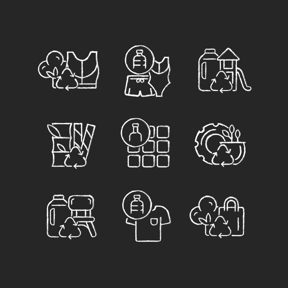 Natural resources conservation chalk white icons set on dark background. Reuse plastic products. Eco-friendly trend. Plant-based material. Zero waste. Isolated vector chalkboard illustrations on black