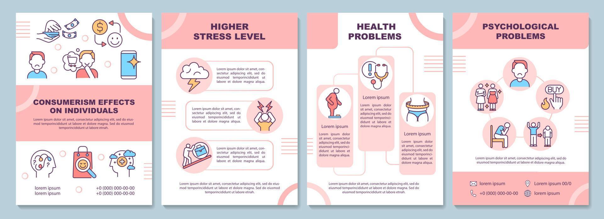 Effects of consumerism brochure template. Psychological problems. Flyer, booklet, leaflet print, cover design with linear icons. Vector layouts for presentation, annual reports, advertisement pages