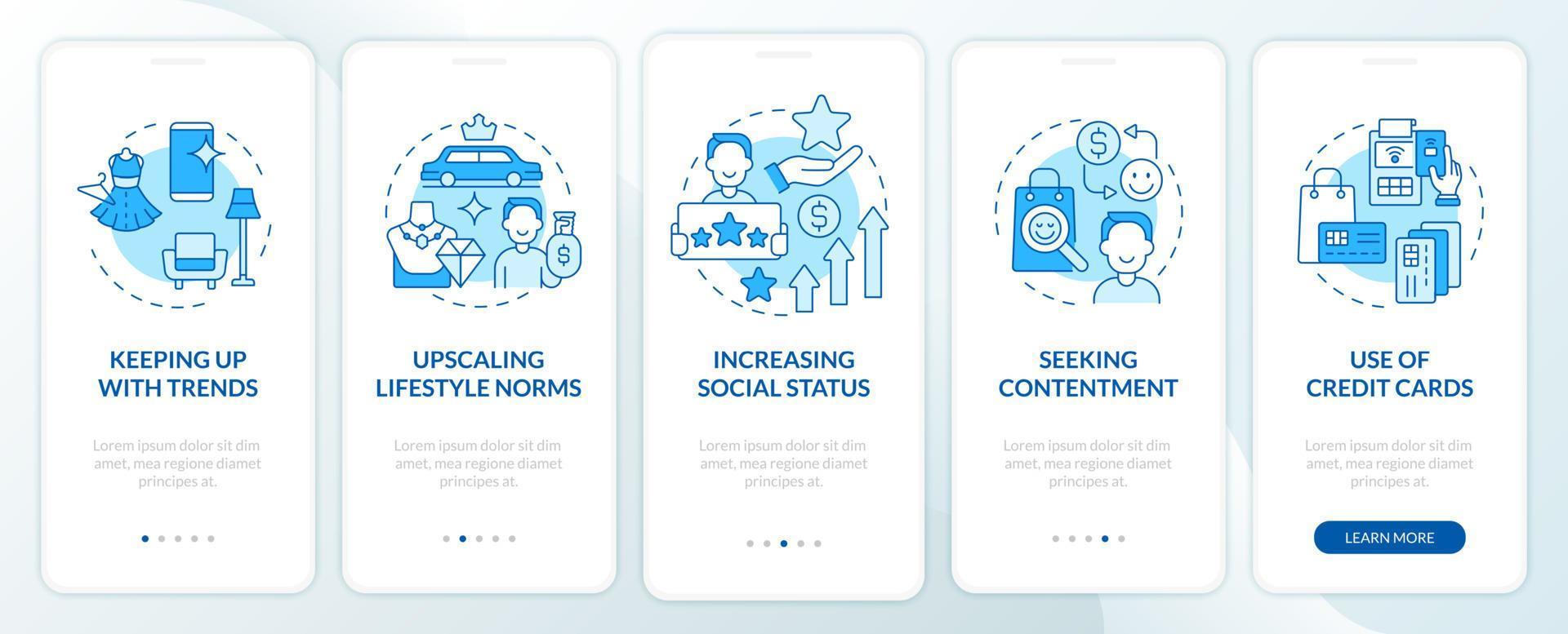 Consumerism motivation blue onboarding mobile app page screen. Buying contentment walkthrough 5 steps graphic instructions with concepts. UI, UX, GUI vector template with linear color illustrations