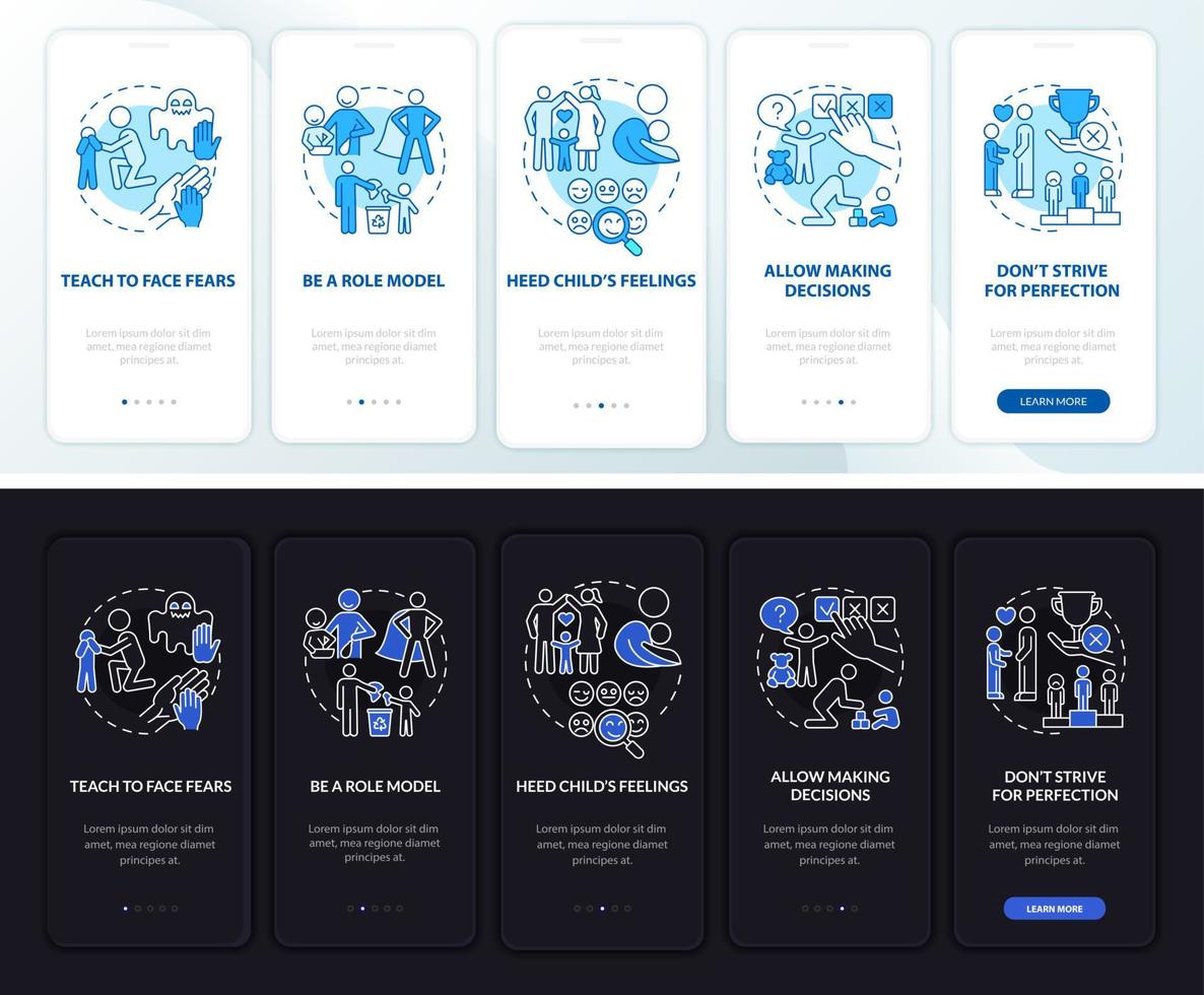 Raising child tips onboarding mobile app page screen. Kid mental health walkthrough 5 steps graphic instructions with concepts. UI, UX, GUI vector template with linear night and day mode illustrations