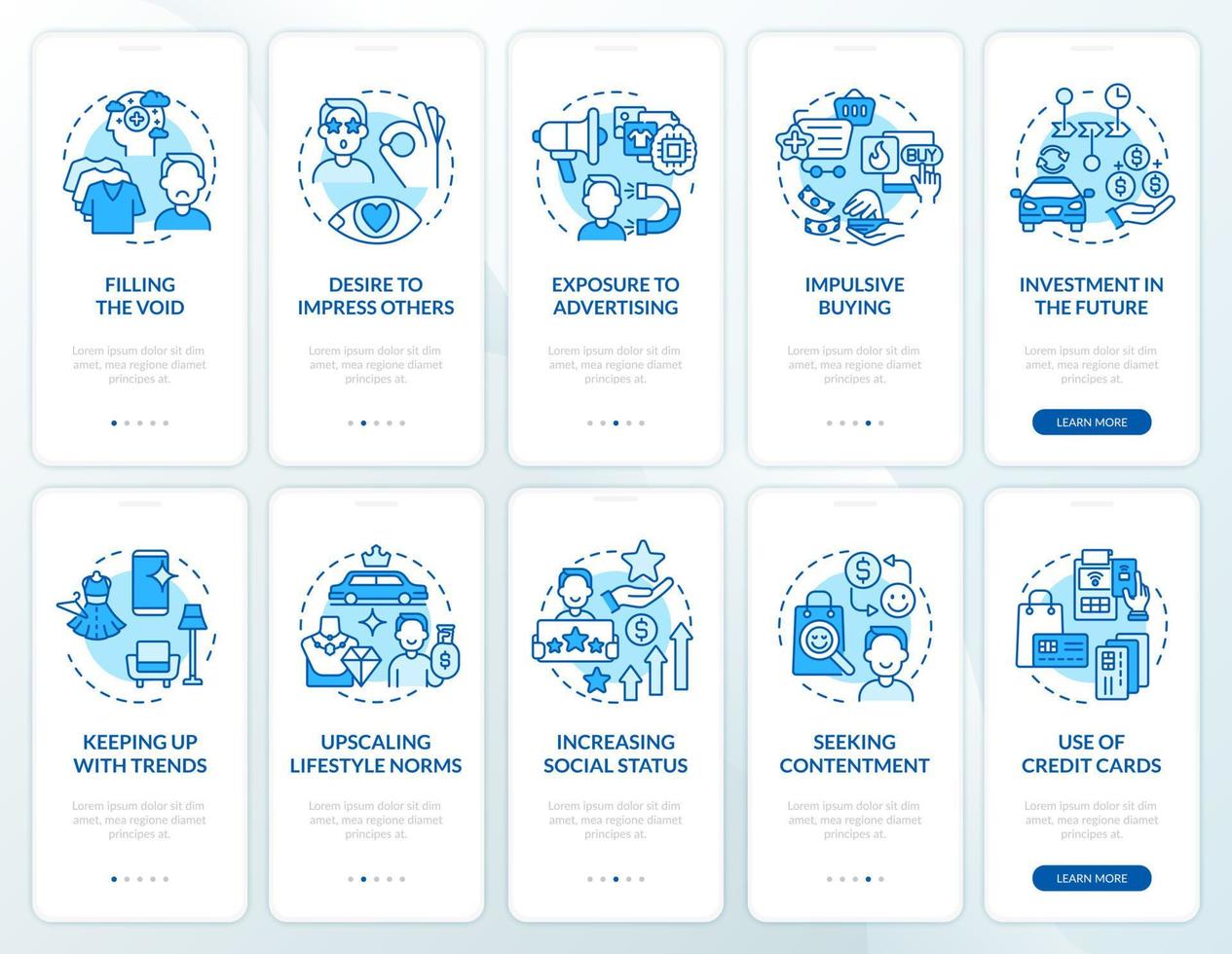 Consumerism blue onboarding mobile app page screen set. Excessive buying reasons walkthrough 5 steps graphic instructions with concepts. UI, UX, GUI vector template with linear color illustrations