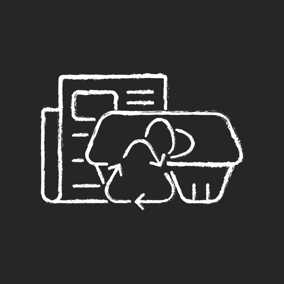 Egg cartons from newspaper chalk white icon on dark background. Paper egg box. Recycled tray made from pressed paper pulp. Eco-friendly choice. Isolated vector chalkboard illustration on black