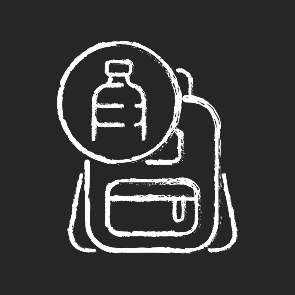 Backpack made from plastic chalk white icon on dark background. Sustainable bags. Repurposing discarded water bottles. Eco-friendly materials. Isolated vector chalkboard illustration on black