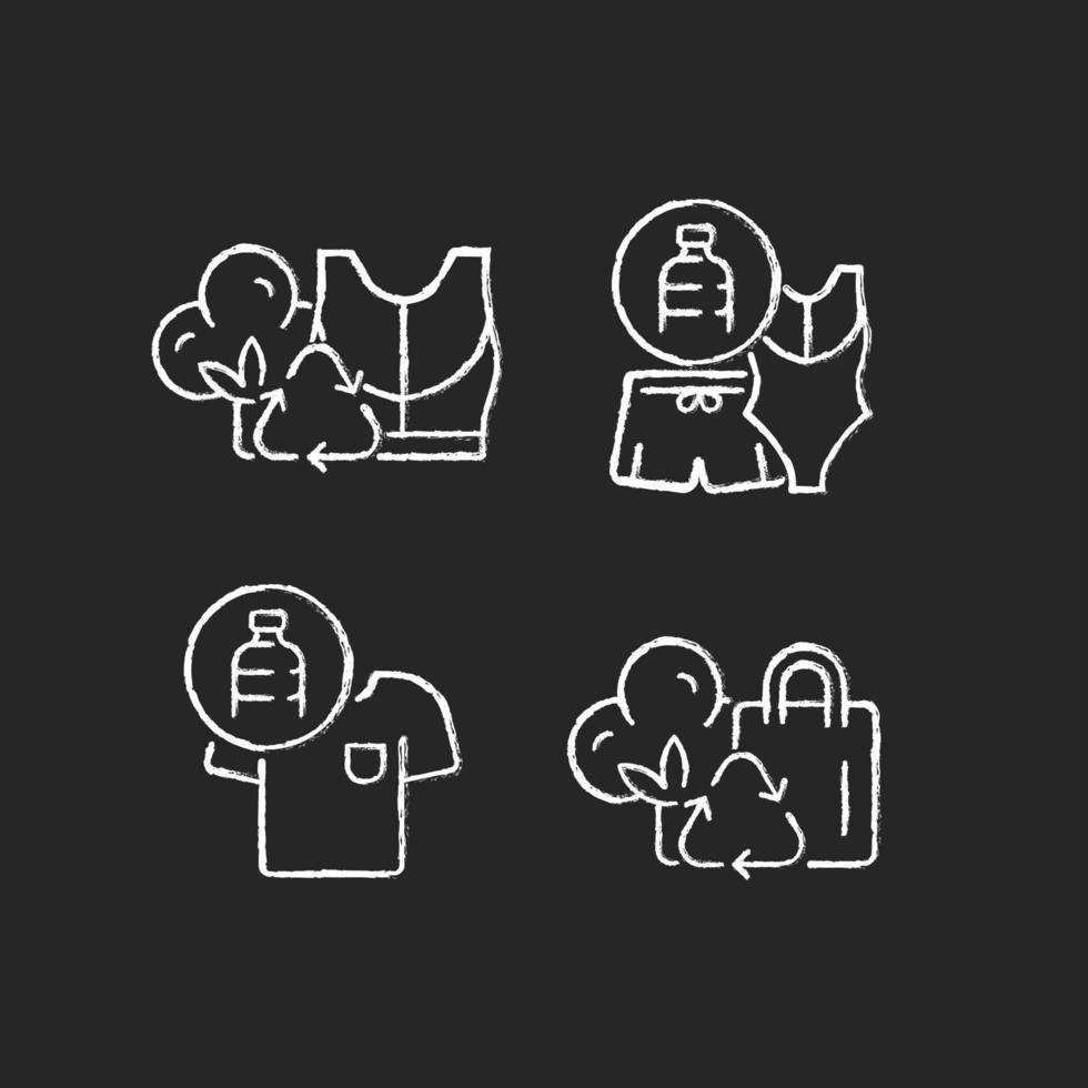Lessening impact on environment chalk white icons set on dark background. Sustainable activewear. Ethical bathing suit. Fabrics from recycled plastic. Isolated vector chalkboard illustrations on black