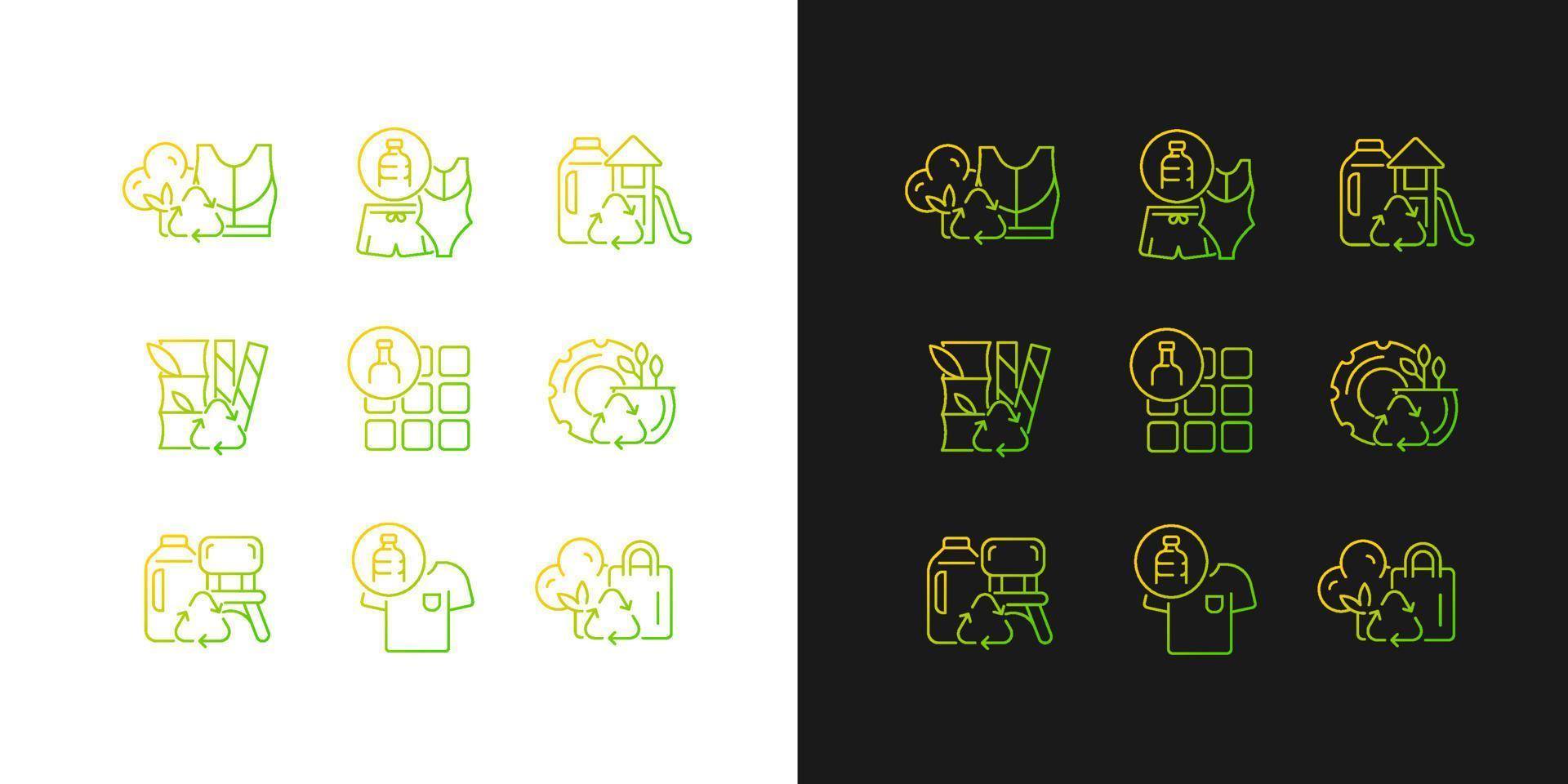Natural resources conservation gradient icons set for dark and light mode. Reuse plastic products. Thin line contour symbols bundle. Isolated vector outline illustrations collection on black and white