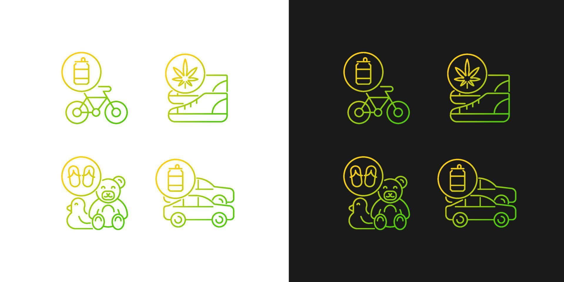 Recycling business gradient icons set for dark and light mode. Sustainable shoes, bike. Thin line contour symbols bundle. Isolated vector outline illustrations collection on black and white