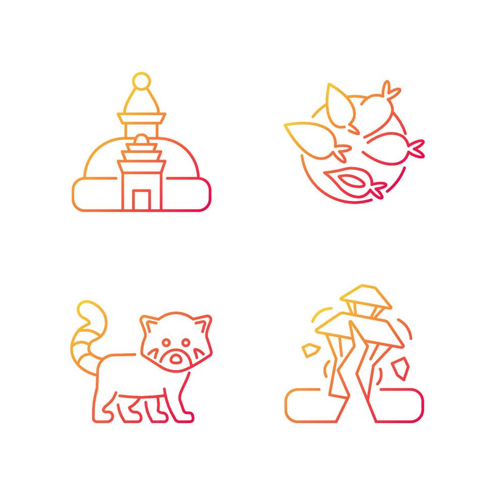 Tourism in Nepal gradient linear vector icons set