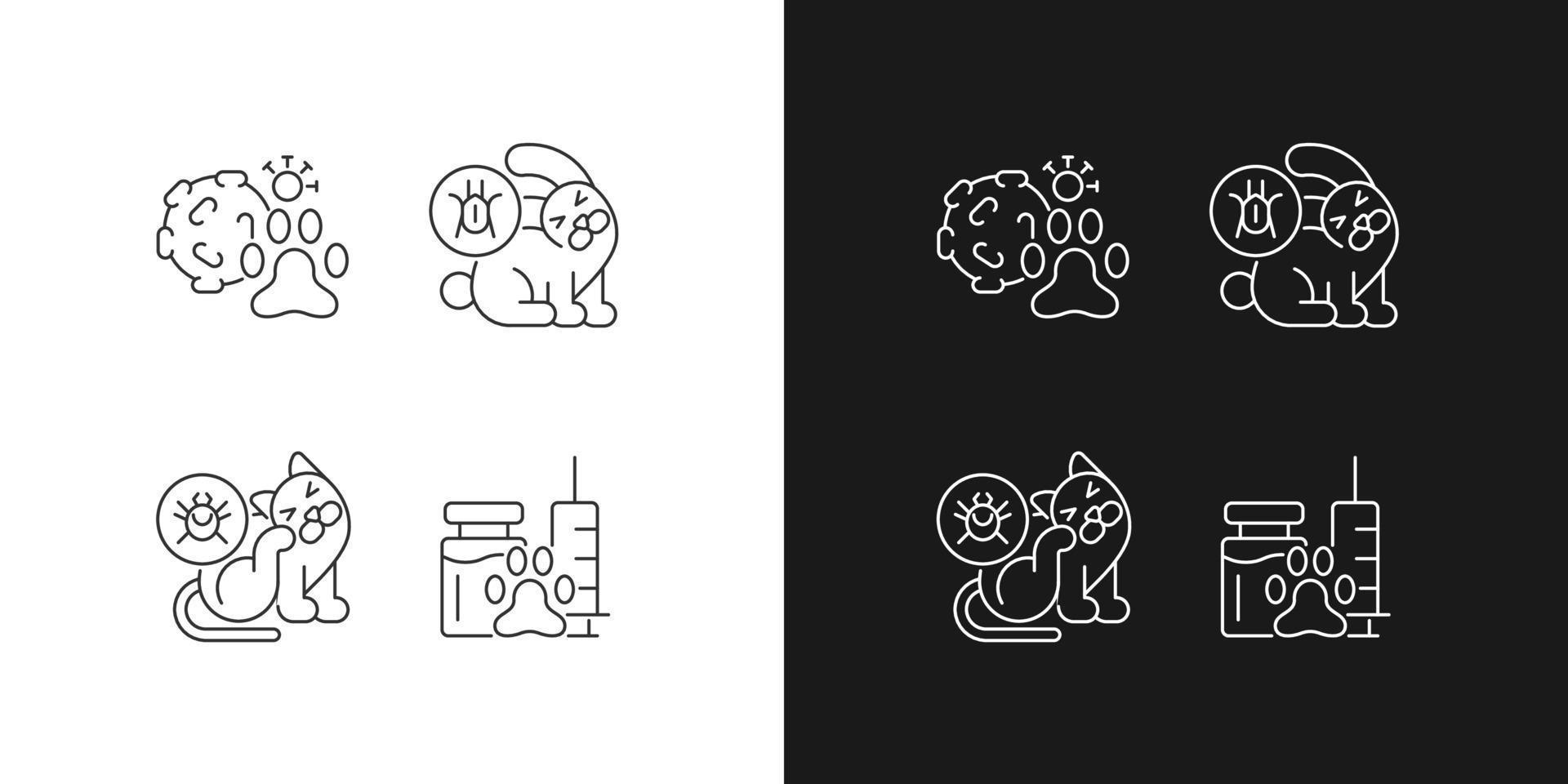 Pet parasites linear icons set for dark and light mode. Fleas and ticks. Ear infection. Domestic animal vaccine. Customizable thin line symbols. Isolated vector outline illustrations. Editable stroke