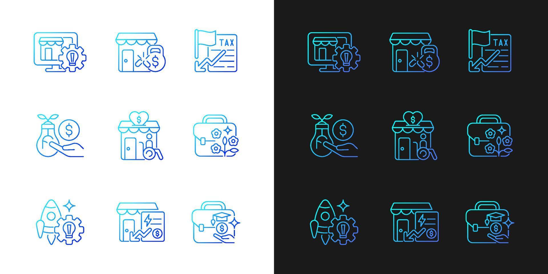 Small business development support gradient icons set for dark and light mode. Website creation. Thin line contour symbols bundle. Isolated vector outline illustrations collection on black and white