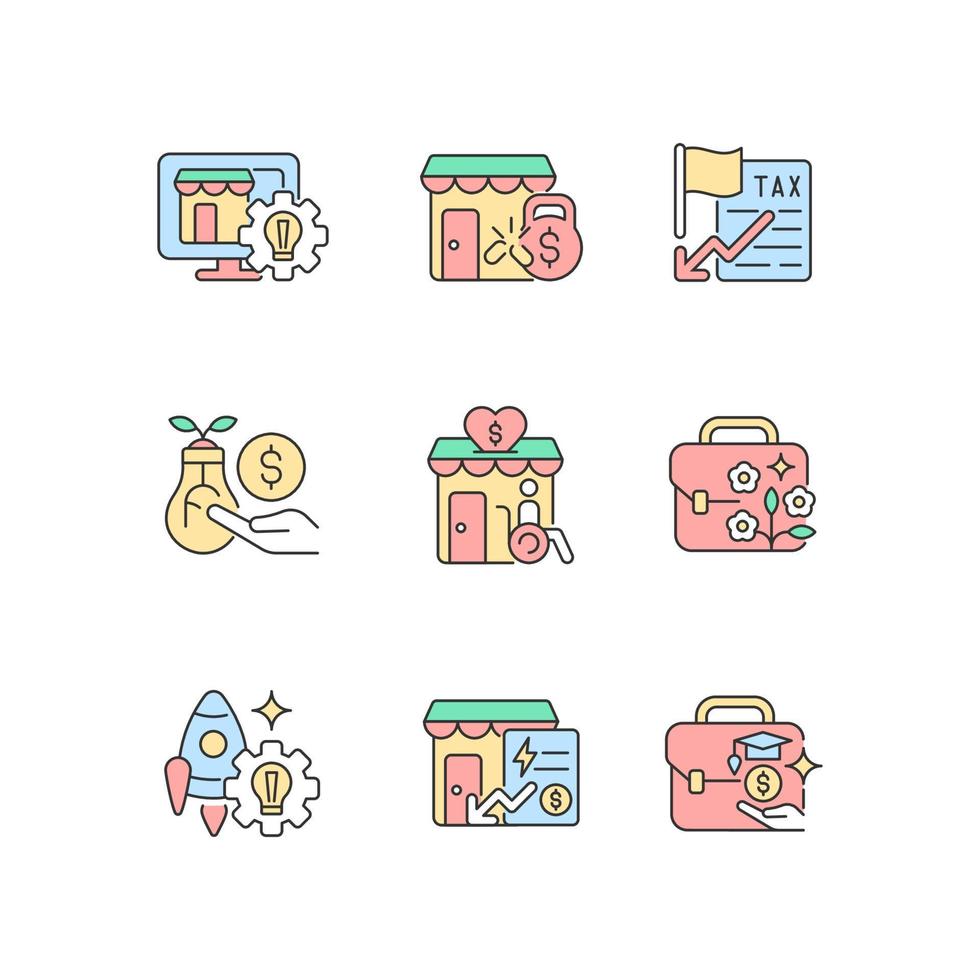 Small business development support RGB color icons set. Website creation. Financial grants. Payments reduction. Isolated vector illustrations. Simple filled line drawings collection. Editable stroke