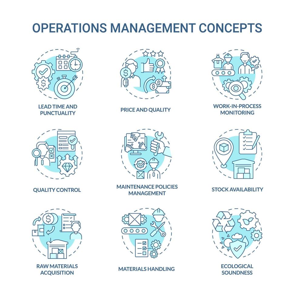 conjunto de iconos de concepto azul de gestión de operaciones. tiempo de espera. precio y calidad. idea de control de eficiencia de producción ilustraciones en color de línea fina. dibujos de contorno aislados vectoriales. trazo editable vector