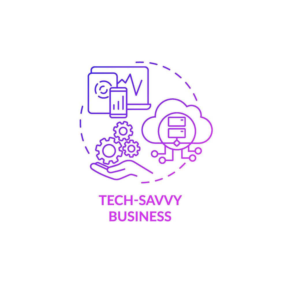 Tech savvy business purple gradient concept icon. Digitally advanced organization. Compant structure. Business model abstract idea thin line illustration. Vector isolated outline color drawing