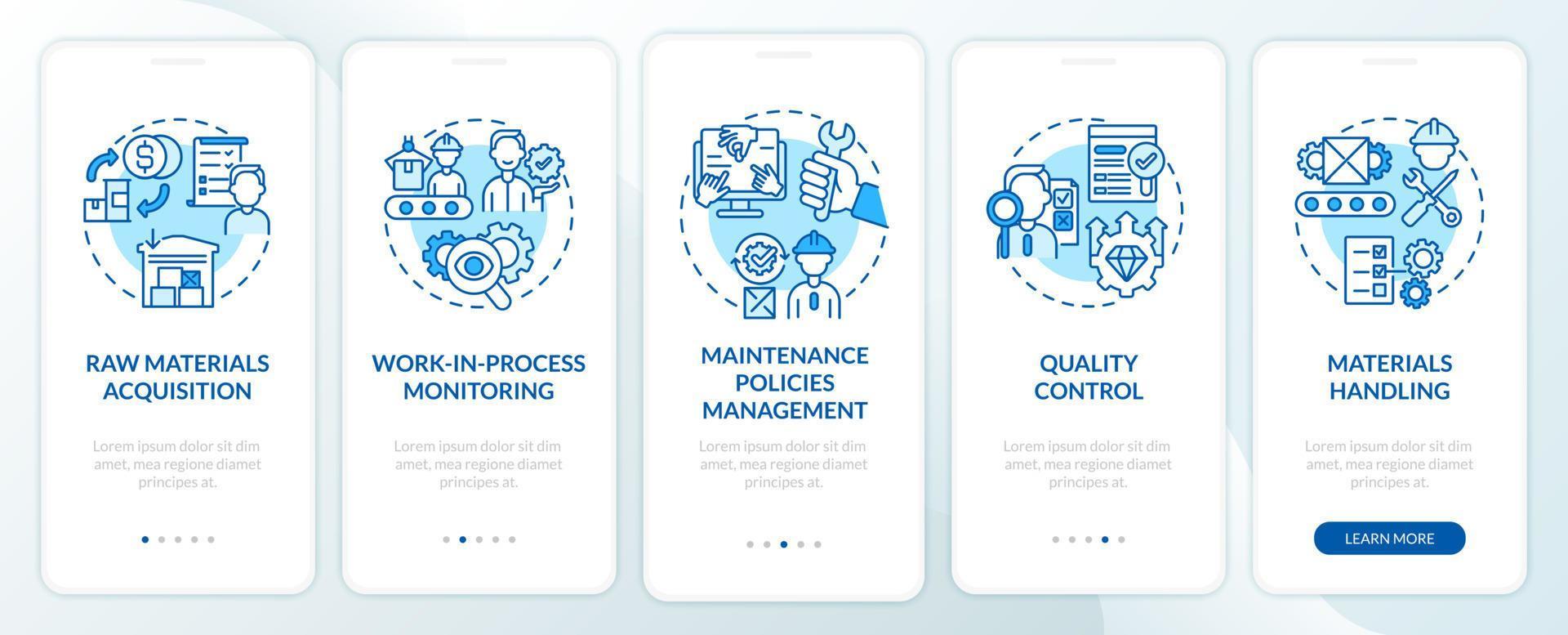 Operations managers duties blue onboarding mobile app page screen. Business walkthrough 5 steps graphic instructions with concepts. UI, UX, GUI vector template with linear color illustrations
