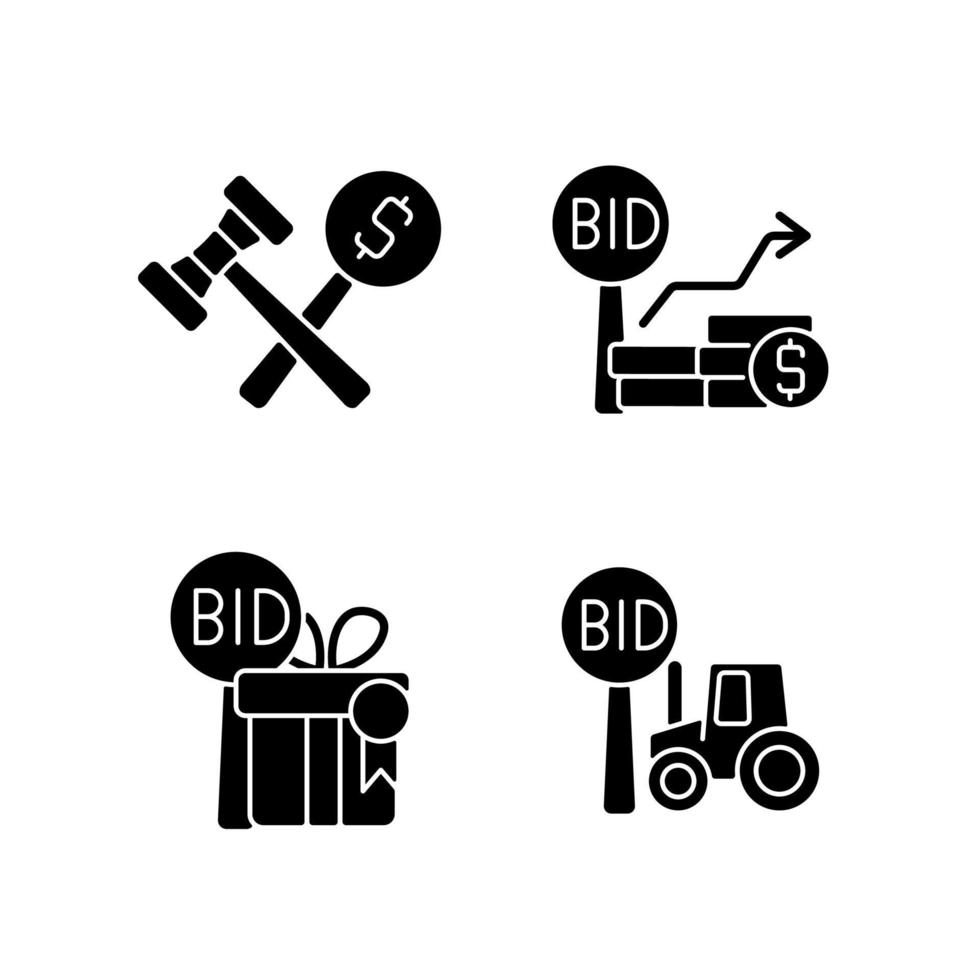 Agriculture auction components black glyph icons set on white space. Bidding increments. Farm equipment selling. Selling property and antique. Silhouette symbols. Vector isolated illustration