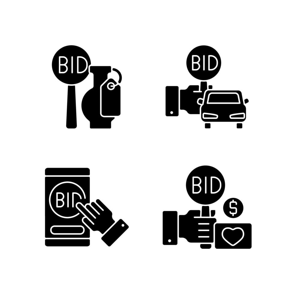 Auction items black glyph icons set on white space. Art objects and vehicle selling. Online app for bargaining. Selling property and antique. Silhouette symbols. Vector isolated illustration