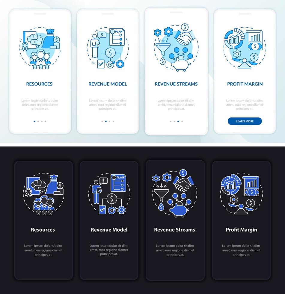 Business structure essentials onboarding mobile app page screen. Company walkthrough 4 steps graphic instructions with concepts. UI, UX, GUI vector template with night and day mode illustrations